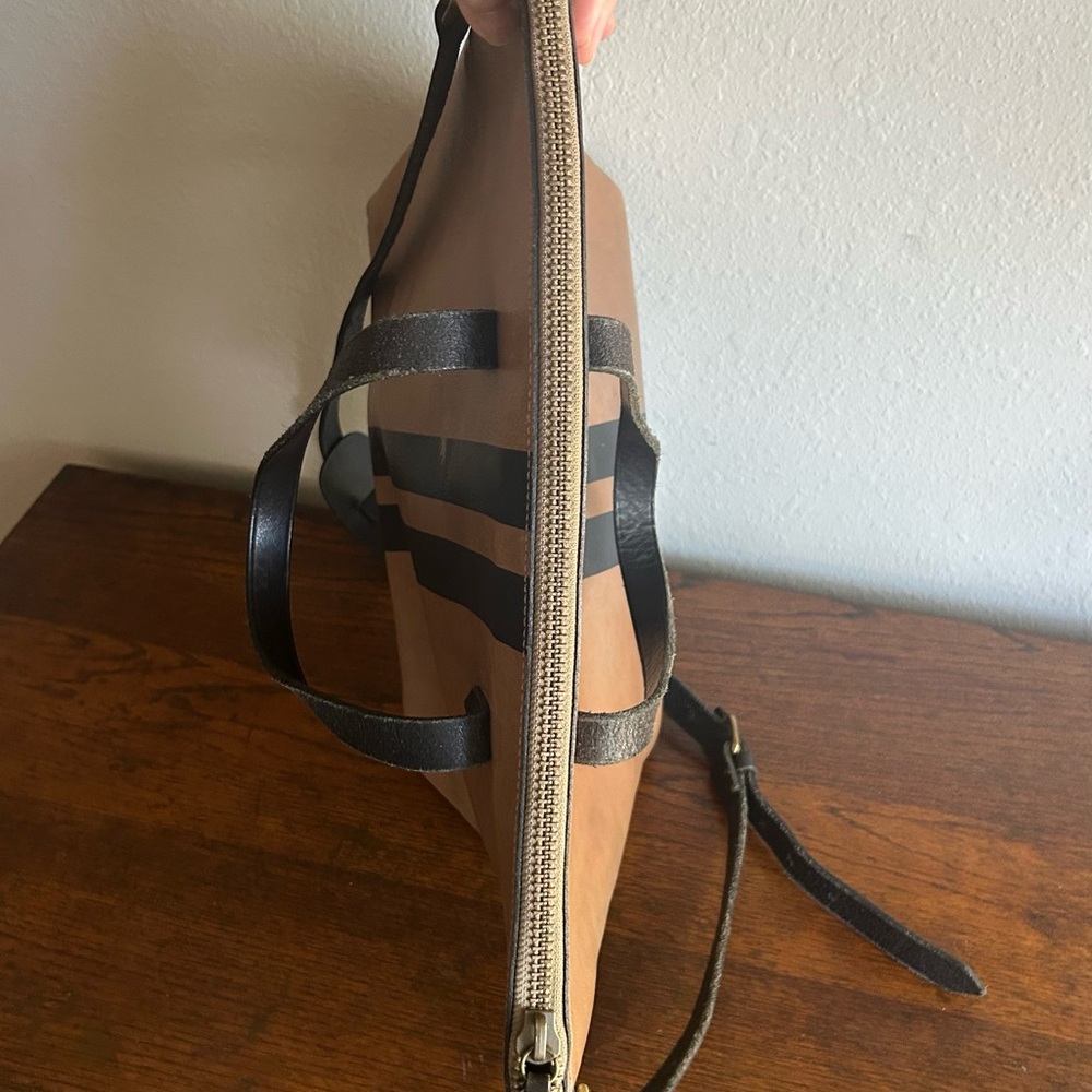 Madewell Black Stripe Brown Leather Medium Tote Crossbody Purse Preppy Old Money - Picture 8 of 11
